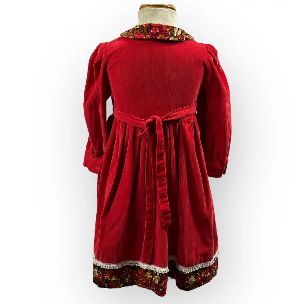 Vintage 70s Girls Corduroy Prairie Dress Red Floral Handmade Size 6 Cottagecore